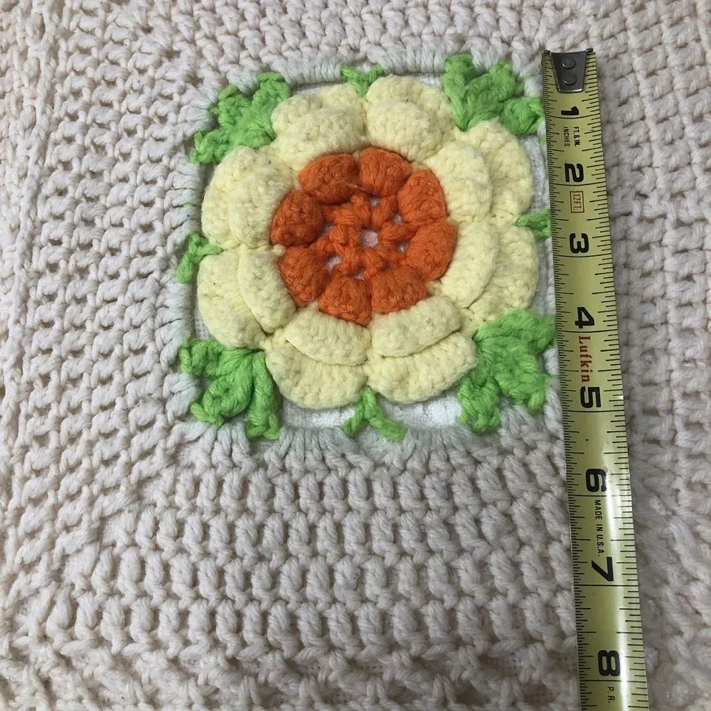 Crochet Afghan Blanket 3D Rose Throw Handmade Granny Square 70s Decor 42” x 68”